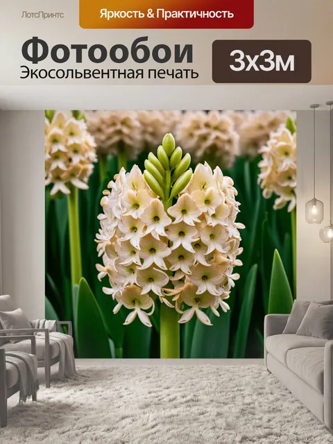 Фотообои бежевый гиацинт, распускающийся в весеннем саду, выполненный в технике макрофотографии, подчеркивающий его…