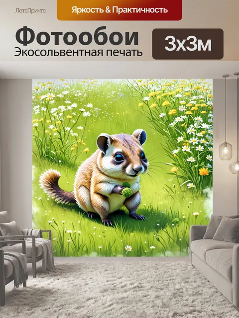 Фотообои в зеленом луговом пейзаже, даман, напоминающий сурка, скачет среди цветов, поедая свежую траву