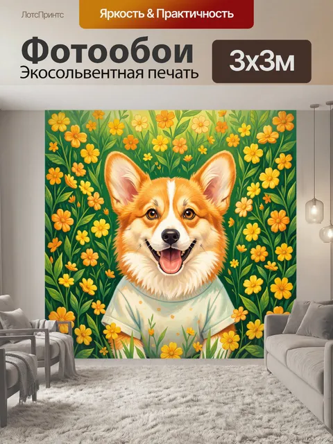 Фотообои Улыбающийся корги в цветах