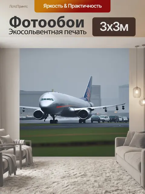 Фотообои аэропорт в туманное утро, где боинг только что приземлился