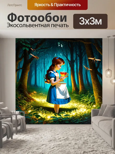 Фотообои в тёмном, загадочном лесу, где лучи света пробиваются сквозь листву, алиса пьёт чай из гигантской чашки…