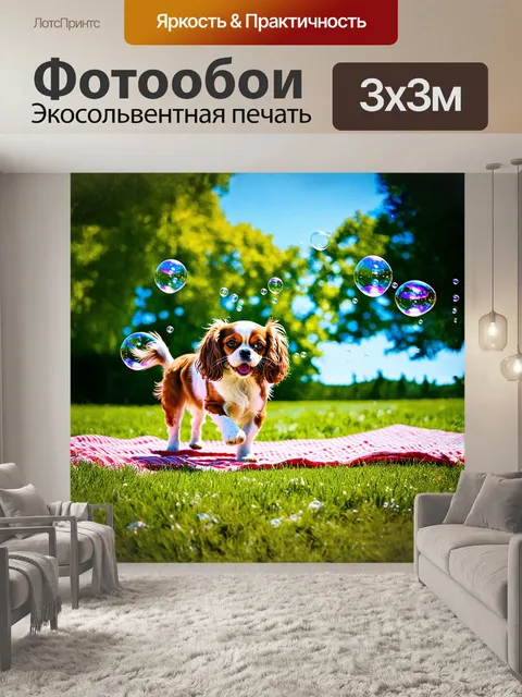 Фотообои собака, кавалер кинг чарльз спаниель, весело преследует мыльные пузыри на летнем пикнике
