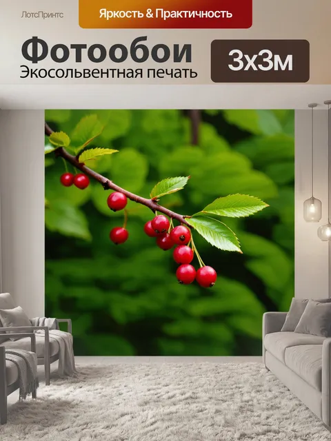 Фотообои ветка с мелкими летними ягодами на фоне зеленой листвы