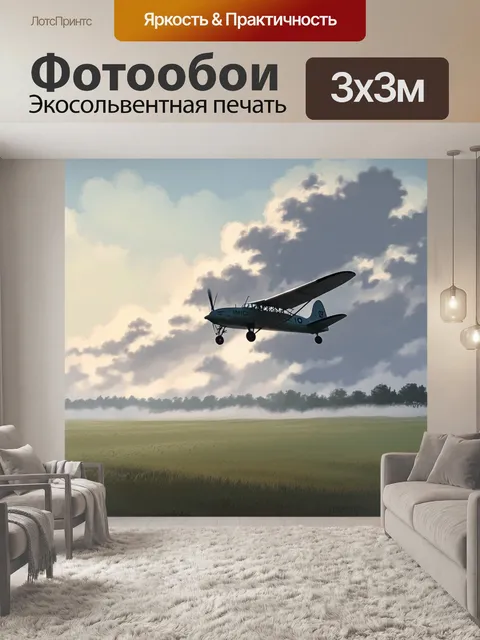 Фотообои утренний туман над полем, взлетающий ан-2, который пробивает облака, оставляя за собой следы в дымке