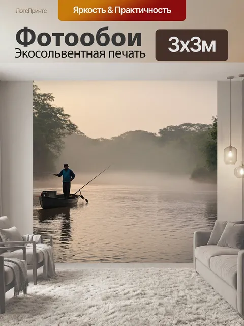 Фотообои утренний туман над рекой, где рыбаки ловят рыбу с берега, окружённые густым лесом