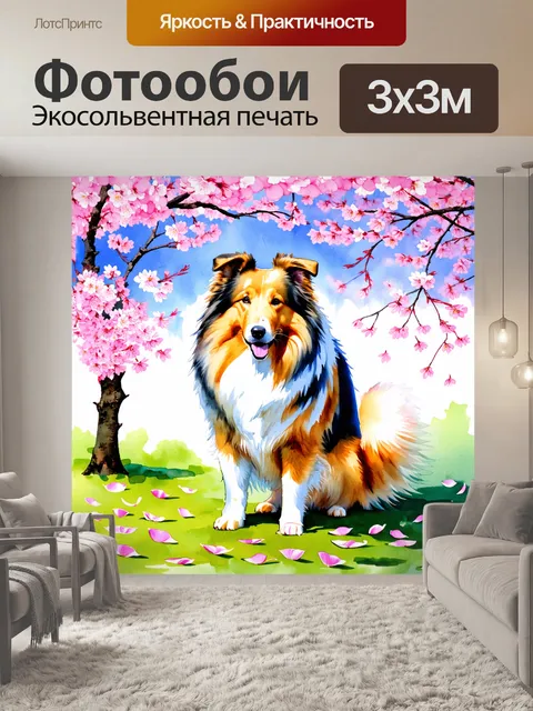 Фотообои грубая колли на фоне цветущих вишневых деревьев, с мягкими розовыми лепестками, падающими на землю