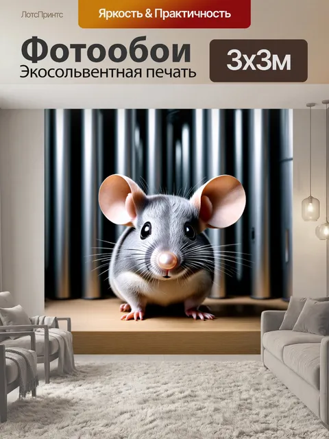 Фотообои изобразите жемчужную мышь серого цвета на фоне вертикальных металлических колонн в стиле индустриального…