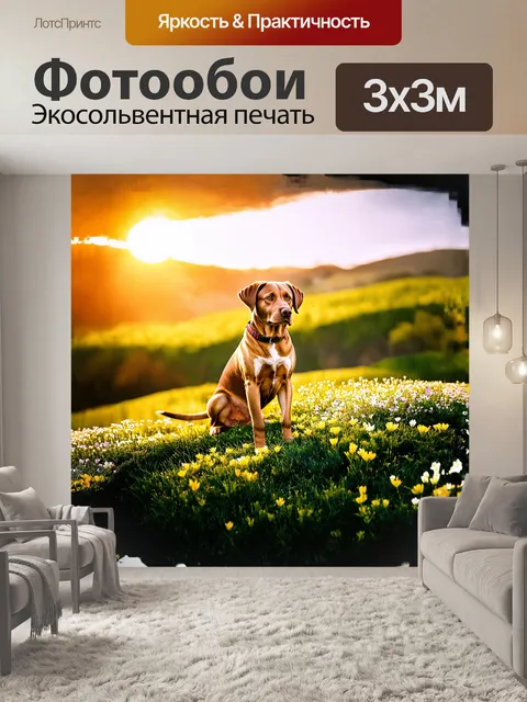 Фотообои лабрадор, сидящий на вершине холма, обрамленный весенними цветами и зелеными травами