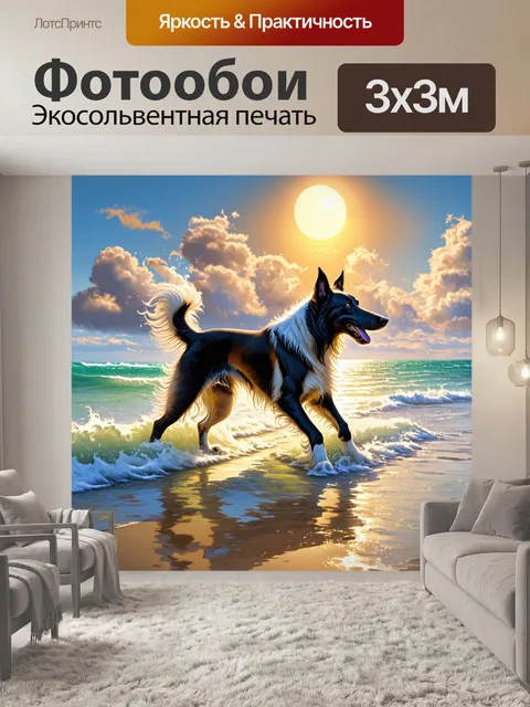 Фотообои борзая, играющая в волнах на берегу, с солнцем, отражающимся в воде и дразнящими облаками