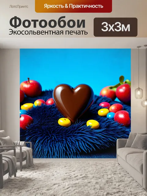 Фотообои шоколадное сердце, искусно выполненное из темного шоколада с блестящей глазурью, лежит на пушистой шерстяной…