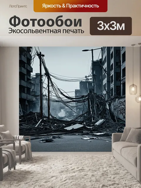 Фотообои постапокалиптический город с обрывками проводов и поломаными фонарями, охваченными энергией