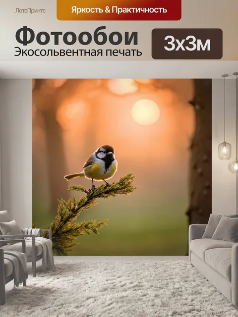 Фотообои Вечерний лесной пейзаж с маленькой птицей на ветке