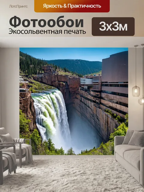 Фотообои громкий водопад, окруженный живописными горными ландшафтами и зданиями, создающими уникальный контраст