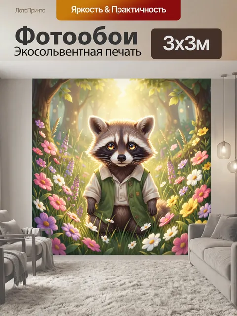 Фотообои Милый енот в цветочном лесу