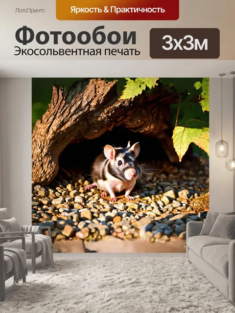 Фотообои крыса, уютно устроившаяся в своем доме под корнями дерева, окружена листьями и мелкими камнями