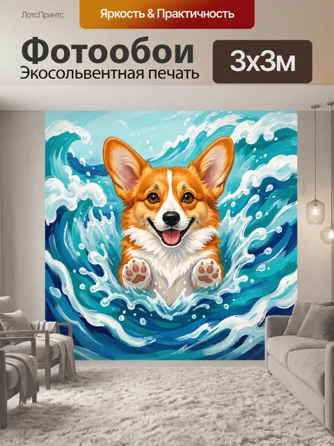 Фотообои Рыжий корги в морских волнах