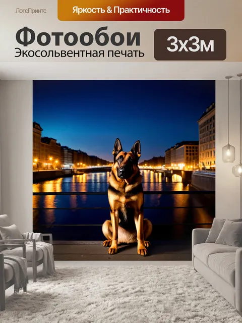 Фотообои ночной городской пейзаж, где немецкая овчарка сидит на мосту, любуясь огнями города, отражающимися в реке