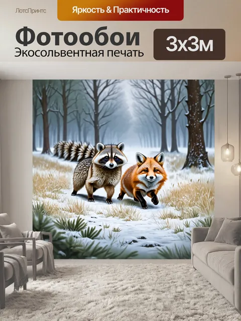 Фотообои охота на хмуром утре, где морозное свечение затмила всю природу, а еноты преследуют лису в стужу