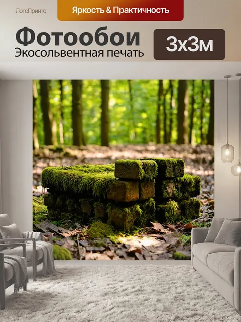 Фотообои кирпичи, покрытые мхом, лежат в старом лесу под ярким солнечным светом