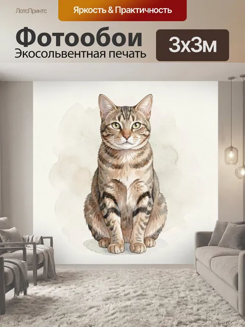 Фотообои Акварельный кот с зелёными глазами