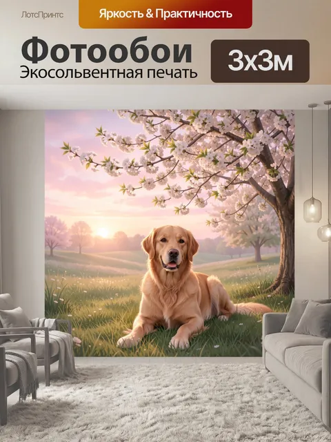 Фотообои Золотистый ретривер в цветущем саду