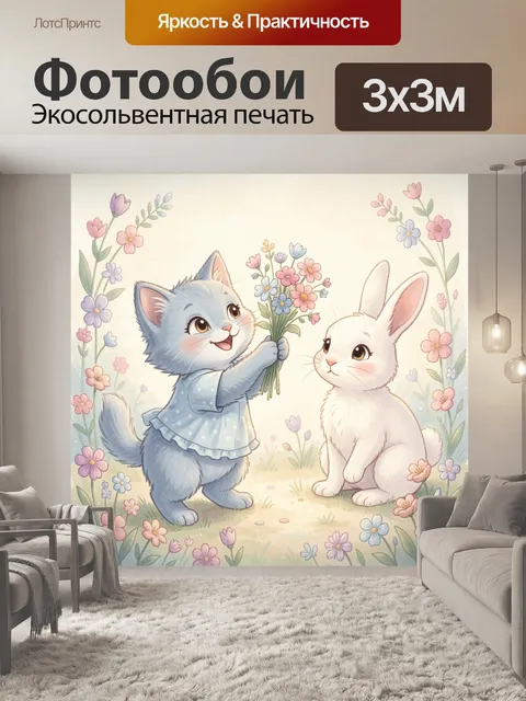 Фотообои Котенок дарит букет кролику