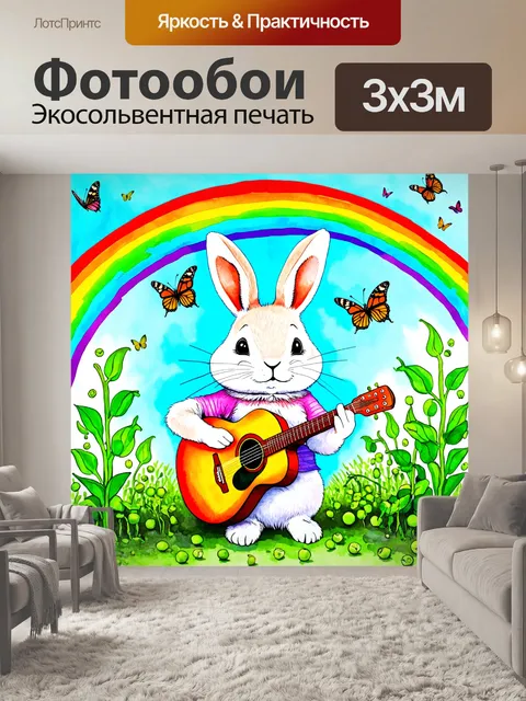 Фотообои кролик, играющий на гитаре под радугой, среди гороховых дуплян и бабочек, стиль яркой акварели с игривыми…