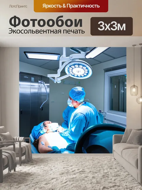 Фотообои вид на современный хирургический зал с высокими технологиями, где хирург в маске работает над пациентом
