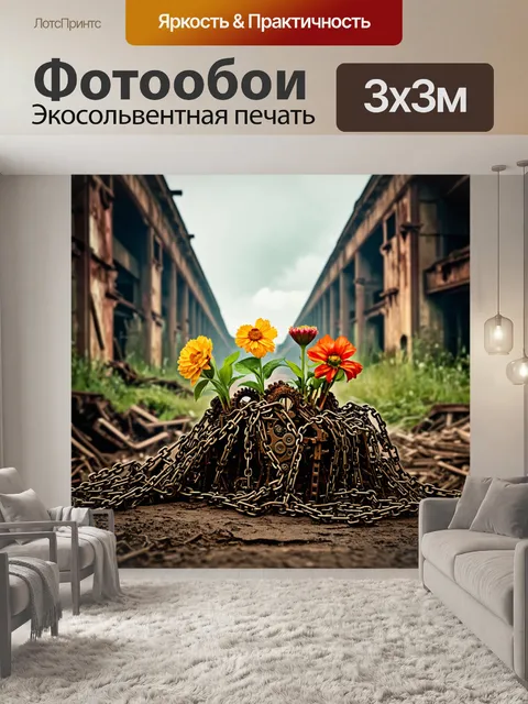 Фотообои цветы в стиле стимпанк, цветы с корнями, укрытыми в цепях и деталях машин, на руинах старинного завода