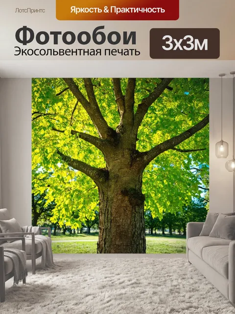 Фотообои дерево в парке с яркой зеленью и искрящейся солнечной погодой