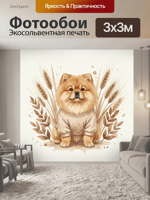 Фотообои Шпиц в свитере среди колосьев