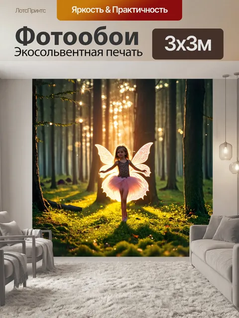 Фотообои закат в волшебном лесу, где феи танцуют на закате, окруженные блестками света