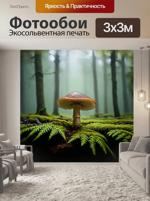 Фотообои гриб растет в туманном лесу