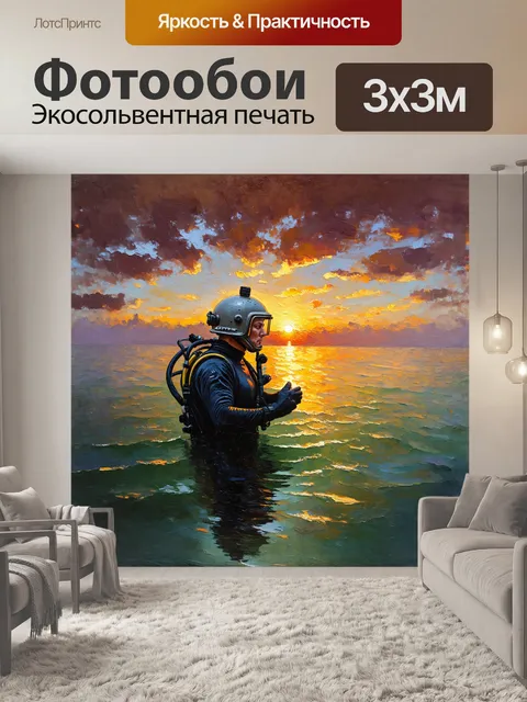 Фотообои на поверхность моря всплывает водолаз в шлеме, который, словно из другой эпохи, вызывает чувства ностальгии