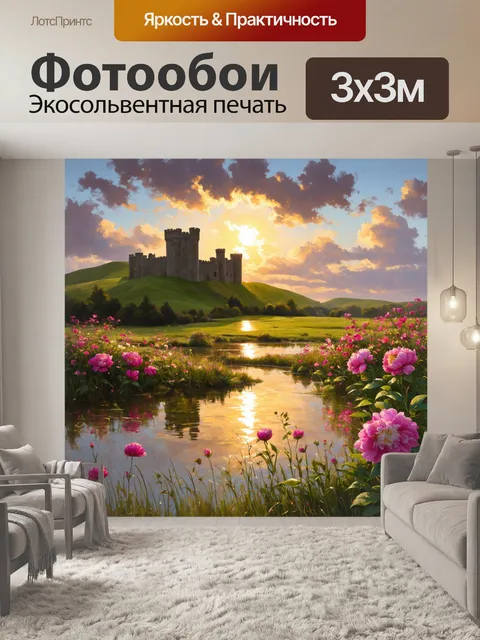 Фотообои англия представляют собой волшебный ландшафт с зелеными холмами и старинными каменными замками на фоне заката