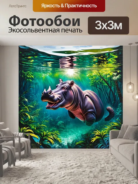 Фотообои затопленный тропический лес с величественным бегемотом, погружающимся в прозрачную воду