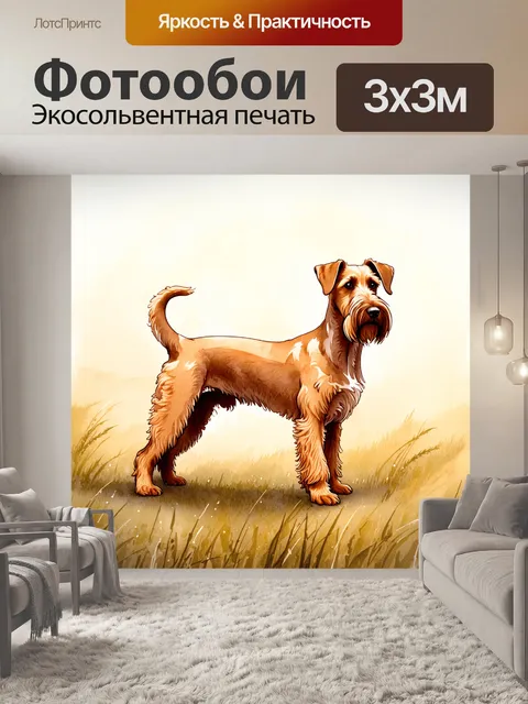 Фотообои на утренней заре, когда туман окутывает поля, изображена собака ирландского терьера, ярко выделяющаяся на…