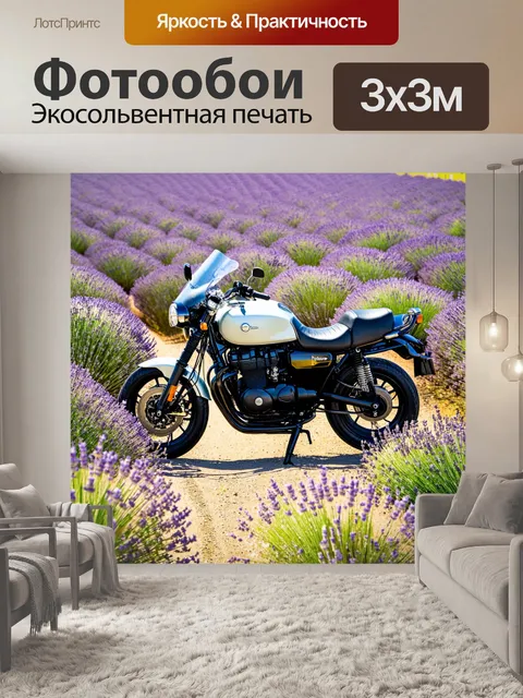 Фотообои мотоцикл среди полей лаванды, где фиолетовые цветы подчеркивают красоту и свежесть