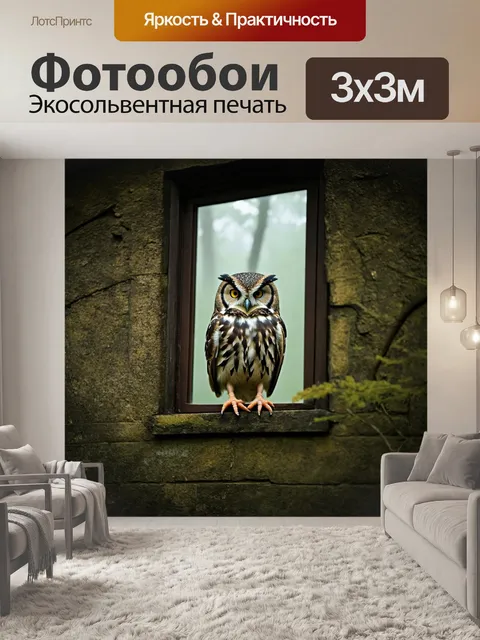 Фотообои совушка, сидящая на окне старинного дома, с туманным лесом на заднем плане и таинственным светом…