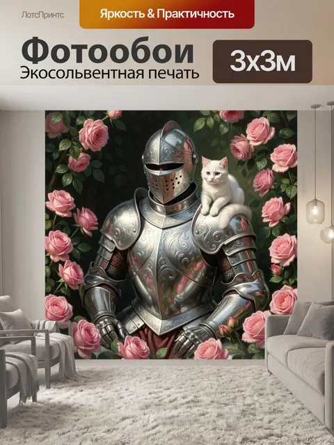 Фотообои Рыцарь с белой кошкой и розами