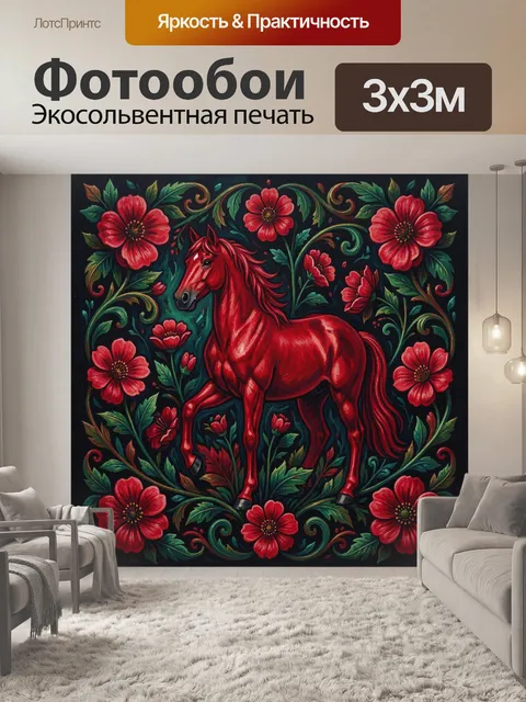 Фотообои Красный конь среди цветов