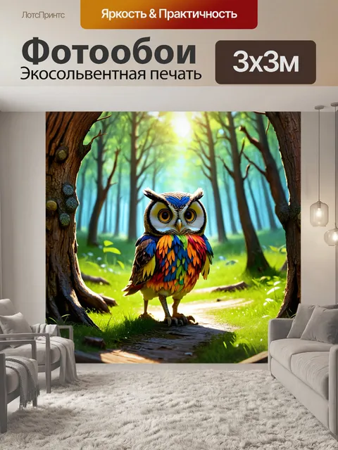 Фотообои изображение совы, путешествующей по лесу, с её разноцветными перьями, переливающимися в солнечном свете