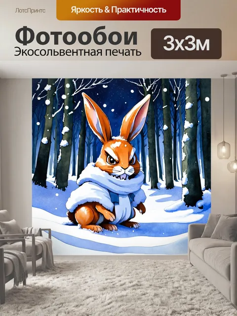 Фотообои ночной лес, укрытый белоснежным покрывалом, превращается в царство зла, когда на сцену выходит зловещий кролик