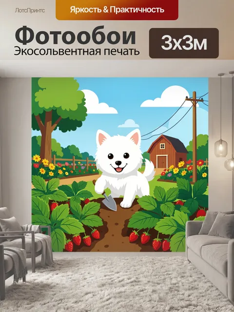 Фотообои Белый щенок в клубнике
