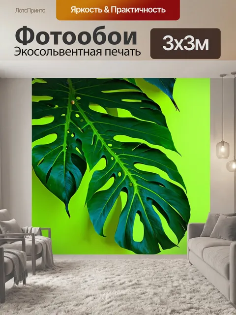 Фотообои листья монстеры на фоне яркой абстрактной стены