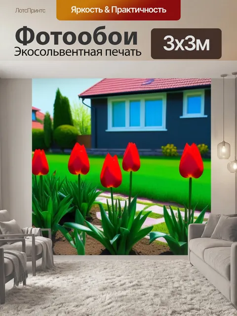Фотообои тюльпаны, цветущие около дома
