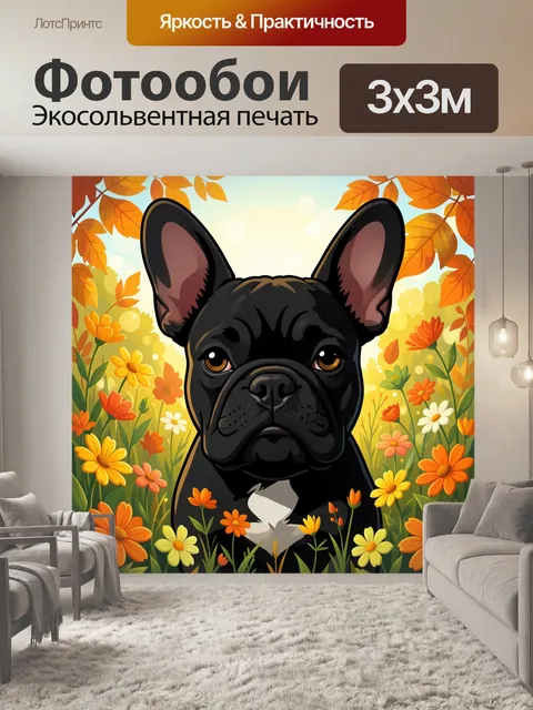 Фотообои Черный французский бульдог в цветах