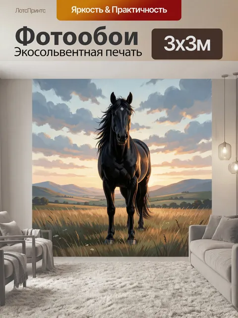 Фотообои Черный конь в поле на закате