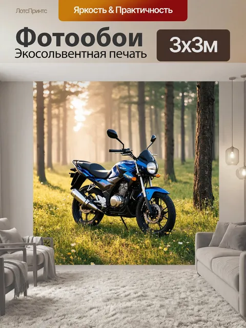 Фотообои мотоцикл, маленький мотоцикл для начинающих, стоит на фоне красивого утреннего леса, наполненного туманом и…