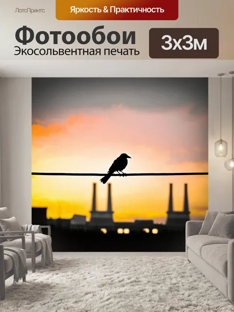 Фотообои ворона, сидящая на проводе с электростанцией на фоне заката, с яркими цветами неба и отражениями